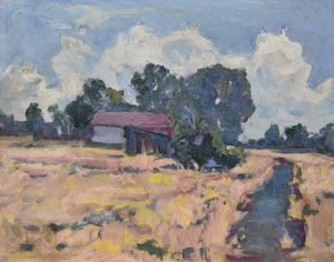 Werkverzeichnis Nr. 1440, um 1987, Dachauer Moos mit Graben und Torfhütte, Öl auf Karton, 40,3 x 60,5 cm