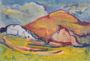 Werkverzeichnis Nr. 1446, um 1987, Blick auf einige Berge, Öl auf Karton, 39,8 x 57,7 cm