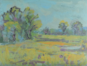 Werkverzeichnis Nr. 1443, um 1987, Mooslandschaft mit Bäumen in Hellgrün, Öl auf Karton, 44,0 x 59,1 cm