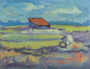 Werkverzeichnis Nr. 1441, um 1987, Dachauer Moos mit Unterstellhütte, Acryl/Öl auf Karton, 44,4 x 59,0 cm
