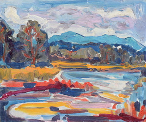 Werkverzeichnis Nr. 1437, um 1987, Voralpensee, Öl auf Karton, 48,0 x 57,0 cm