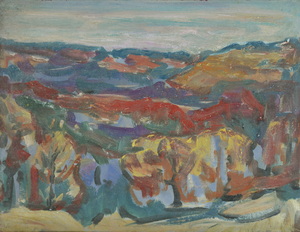 Werkverzeichnis Nr. 1445, um 1987, Blick über das Mühltal bei Starnberg, Öl auf Karton, 37,7 x 48,9 cm