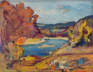 Werkverzeichnis Nr. 1444, um 1987, Gewässer in hügeliger Landschaft, Öl auf Karton, 52,3 x 67,2 cm