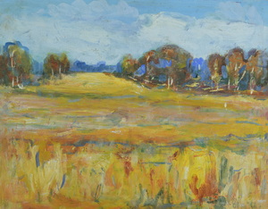 Werkverzeichnis Nr. 1442, um 1987, Flache Landschaft mit Bäumen und gelbem Feld, Acryl auf Karton, 37,6 x 48,5 cm