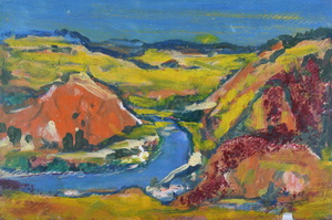 Werkverzeichnis Nr. 1453, um 1988, Flußtal mit Bergen, Öl auf Hartfaser, 34,7 x 52,8 cm