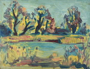 Werkverzeichnis Nr. 1464, um 1988, Skizze, An der Amper, Acryl auf Karton, 23,1 x 30,0 cm