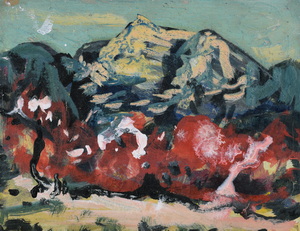 Werkverzeichnis Nr. 1463, um 1988, Gebirgsmassiv mit Bäumen, Öl auf Karton, 30,4 x 39,7 cm