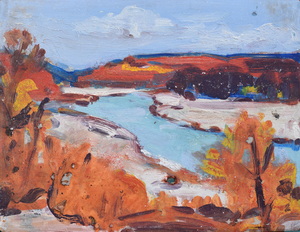 Werkverzeichnis Nr. 1451, um 1988, Isar mit hellen Kiesbänken, Öl auf Karton, 37,8 x 49,0 cm
