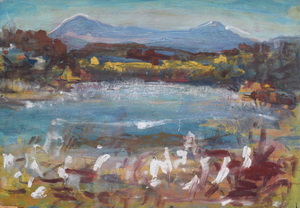 Werkverzeichnis Nr. 1455, um 1988, Großer Ostersee mit Herzogstand und Heimgarten, Acryl/Öl auf Holz, 41,7 x 60,5 cm