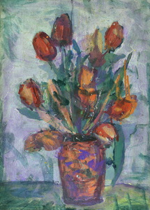 Werkverzeichnis Nr. 1467, um 1988, Rote Tulpen in rotvioletter Vase, Acryl/Öl auf Karton, 53,0 x 38,3 cm