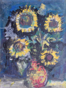 Werkverzeichnis Nr. 1468, um 1988, Sonnenblumen vor blauem Grund, Öl auf Karton, 58,5 x 44,5 cm