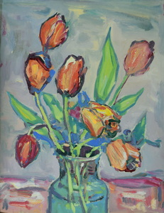 Werkverzeichnis Nr. 1465, um 1988, Tulpen in einer Glasvase, Acryl auf Karton, 48,7 x 38,2 cm