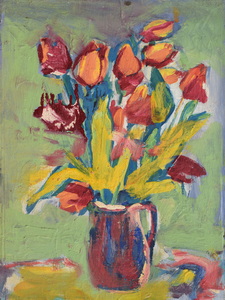 Werkverzeichnis Nr. 1466, um 1988, Tulpen vor graugrünem Grund, Öl auf Holz, 50,3 x 38,2 cm