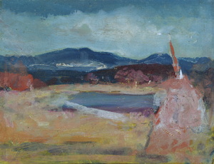 Werkverzeichnis Nr. 1459, um 1988, Kleiner See mit Heuhocke, Öl auf Karton, 30,0 x 39,7 cm