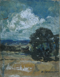 Werkverzeichnis Nr. 1454, um 1988, Hügelige Landschaft mit weißer Farbe teilweise übermalt, Öl auf Karton, 37,7 x 29,4 cm