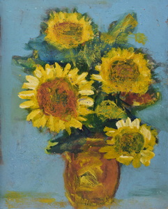 Werkverzeichnis Nr. 1469, um 1988, Vier Sonnenblumen in brauner Vase, Öl auf Karton, 45,0 x 37,0 cm