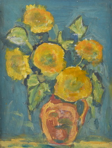 Werkverzeichnis Nr. 1470, um 1988, Sonnenblumen in hellbrauner Vase vor hell blauer Wand, Öl auf Karton, 48,5 x 37,8 cm