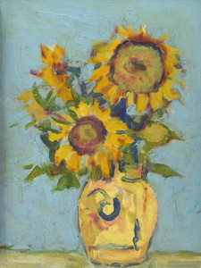 Werkverzeichnis Nr. 1471, um 1988, Sonnenblumen in gelber Vase, Öl auf Karton, 48,7 x 37,5 cm