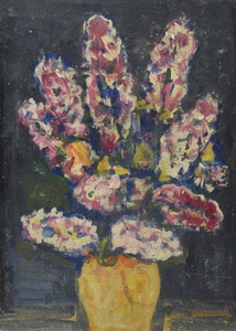 Werkverzeichnis Nr. 1473, um 1988, Fliederstrauß in gleber Vase, Öl auf Karton, 52,5 x 38,3 cm