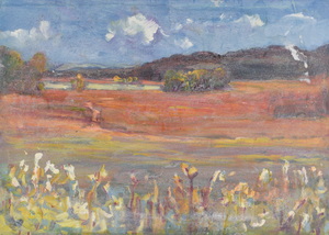 Werkverzeichnis Nr. 1460, um 1988, Landschaft mit einem See vor den Alpen, Öl auf Karton, 56,0 x 78,0 cm