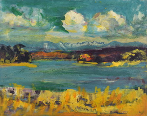 Werkverzeichnis Nr. 1456, um 1988, Blick über den Chiemsee, Öl auf Hartfaser, 56,5 x 71,0 cm