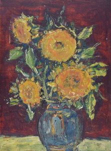 Werkverzeichnis Nr. 1472, um 1988, Sonnenblumen in blauer Vase vor roter Wand, Öl auf Karton, 59,0 x 44,5 cm