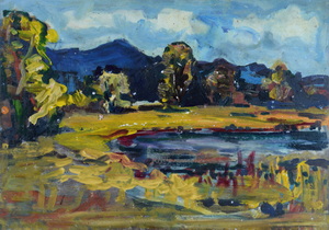 Werkverzeichnis Nr. 1458, um 1988, See mit Bäumen, Öl auf Karton, 40,17 x 57,0 cm