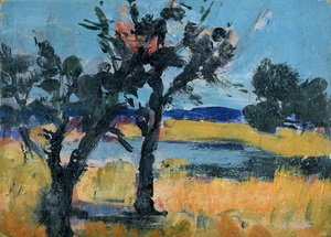 Werkverzeichnis Nr. 1474, um 1989, Kleiner See mit Bäumen, Öl auf Karton, 24,8 x 34,8 cm