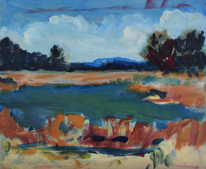 Werkverzeichnis Nr. 1477, um 1989, Einer der kleineren Osterseen, Acryl/Öl auf Karton, 36,8 x 44,8 cm