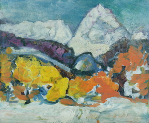 Werkverzeichnis Nr. 1511, um 1989, Gebirgsmassiv mit Bäumen, Acryl auf Karton, 37,0 x 44,7 cm