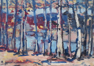 Werkverzeichnis Nr. 1495, um 1989, Baumreihe an einem Gewässer, Acryl auf Karton, 38,2 x 53,0 cm