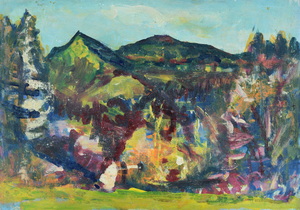 Werkverzeichnis Nr. 1512, um 1989, Berge mit Bäumen, Acryl/Öl auf Karton, 39,8 x 56,8 cm
