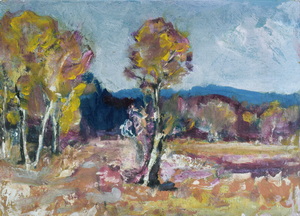 Werkverzeichnis Nr. 1486, um 1989, Flache Landschaft im Voralpengebiet, Acryl/Öl auf Karton, 41,8 x 57,8 cm