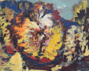 Werkverzeichnis Nr. 1497, um 1989, Bäume, Acryl auf Karton, 47,30 x 59,7 cm