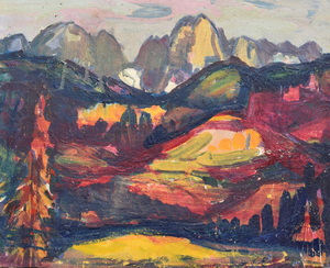 Werkverzeichnis Nr. 1514, um 1989, Blick auf das Karwendelgebirge, Öl auf Karton, 48,3 x 59,7 cm
