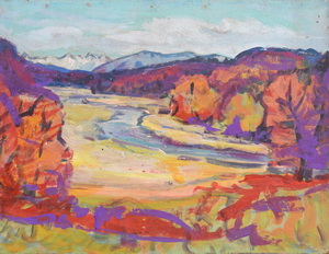 Werkverzeichnis Nr. 1488, um 1989, Blick auf die Isar, Öl auf Hartfaser, 50,3 x 65,2 cm