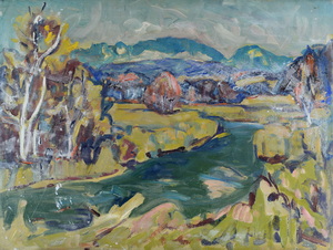 Werkverzeichnis Nr. 1490 um 1989, Fluss im Voralpengebiet, Acryl auf Karton, 80,0 x 60,3 cm