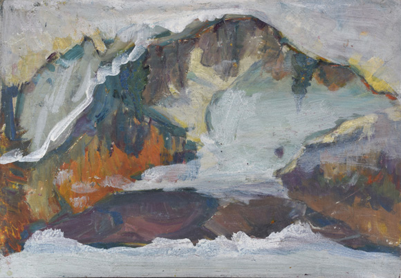 Bergmassiv, teilweise weiß übermalt, um 1989, Acryl, Öl auf Karton, 40,0 x 57,0 cm