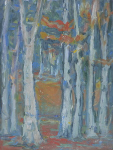 Werkverzeichnis Nr. 1496, um 1989, Helle Baumstämme ineinem Wald, Öl auf Karton, 49,0 x 37,7 cm