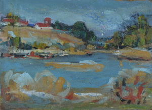 Werkverzeichnis Nr. 1482, um 1989, Hügel mit einem Dorf an einem Gewässer, Öl auf Karton, 36,6 x 49,9 cm