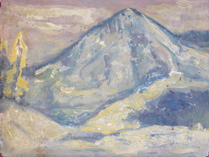 Werkverzeichnis Nr. 1508, um 1989, Berglandschaft, weiß übermalt, Acryl, Öl auf Karton, 37,4 x 48,8 cm