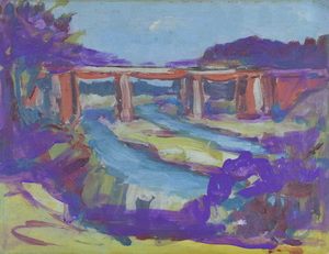 Werkverzeichnis Nr. 1492, um 1989, Brücke über einen Fluss, Acryl auf Karton, 37,8 x 48,2 cm