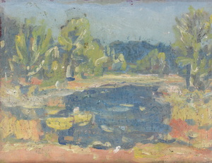 Werkverzeichnis Nr. 1476, um 1989, Weiher mit Bäumen, Öl auf Karton, 37,8 x 48,3 cm