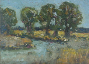 Werkverzeichnis Nr. 1491, um 1989, Bachbiegung mit Bäumen, Öl auf Karton, 38,2 x 52,2 cm