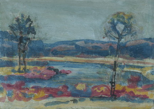 Werkverzeichnis Nr. 1481, um 1989, See mit Bäumen im Voralpengebiet, Öl auf Karton, 38,3 x 52,8 cm