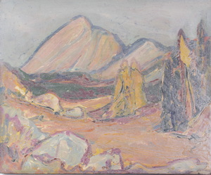 Werkverzeichnis Nr. 1506, um 1989, Blick auf zwei Berge, Öl auf Karton, 38,8 x 46,4 cm