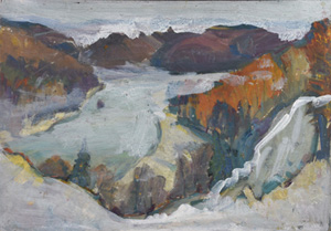 Werkverzeichnis Nr. 1505, um 1989, Isar mit Georgenstein, teilweise weiß übermalt, Acryl, Öl auf Karton, 39,3 x 55,7 cm