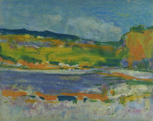 Werkverzeichnis Nr. 1484, um 1989, Gewässer vor einer Hügelkette, Öl auf Karton, 40,3 x 50,7 cm, 
						Rückseite bemalt mit Werkverzeichnis Nr.   , um 1955, Stillleben mit Kohl und Äpfeln