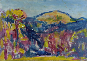 Werkverzeichnis Nr. 1501, um 1989, Benediktenwand mit Bäumen, Öl auf Karton, 40,3 x 57,0 cm