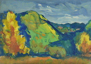 Werkverzeichnis Nr. 1509, um 1989, Berg mit gelben Bäumen, Öl auf Karton, 40,6 x 57,0 cm